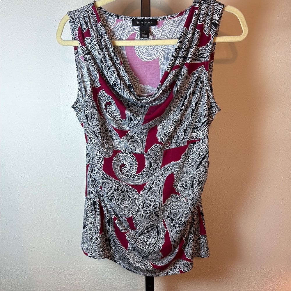 White House Black Market Red & Black Paisley Draped Sleeveless Top Size M